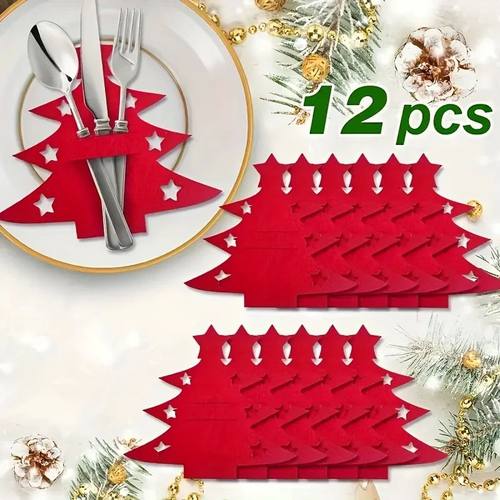 12Pcs Christmas Tree Shaped Felt Cutlery Mats With Stars Dec