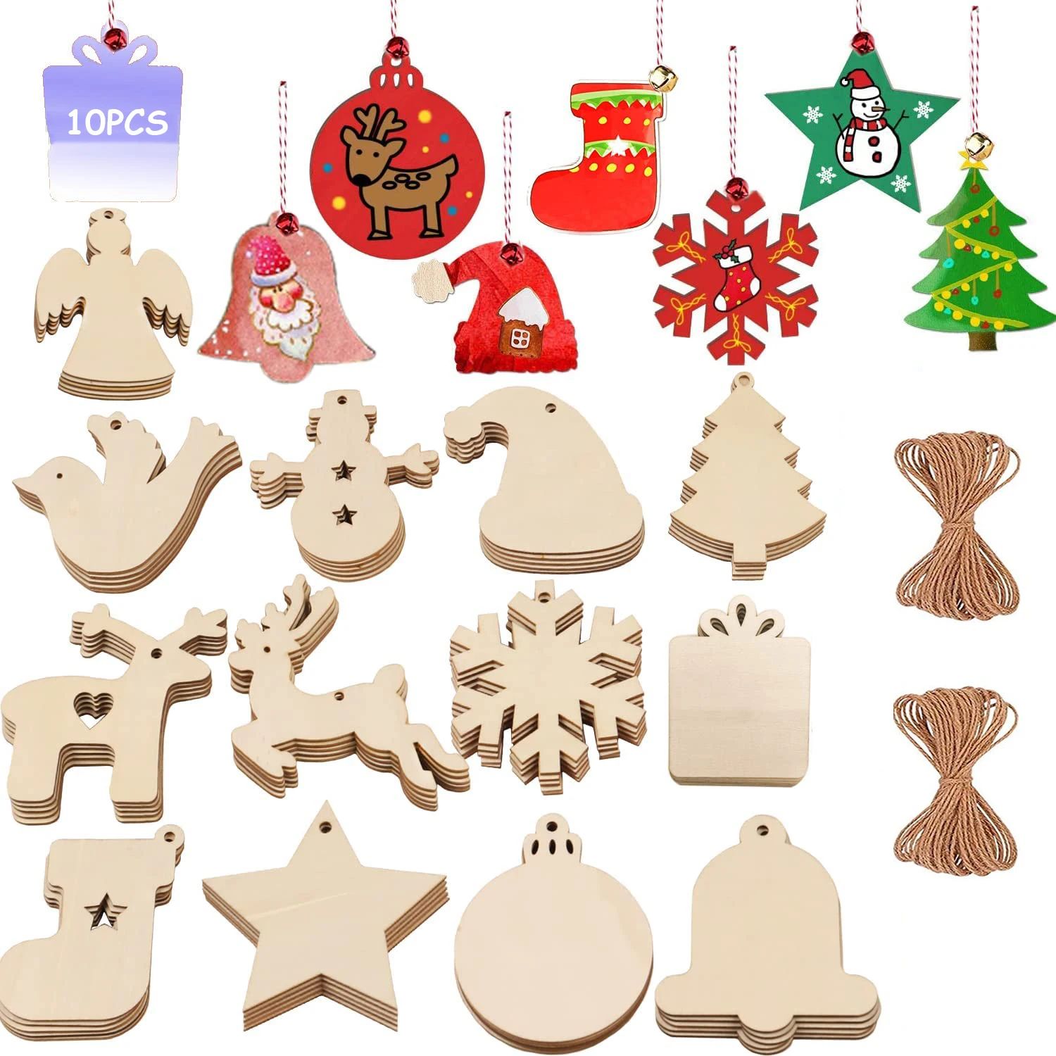 10Pcs Wooden Christmas Tree Hanging Pendants Unfinished blan