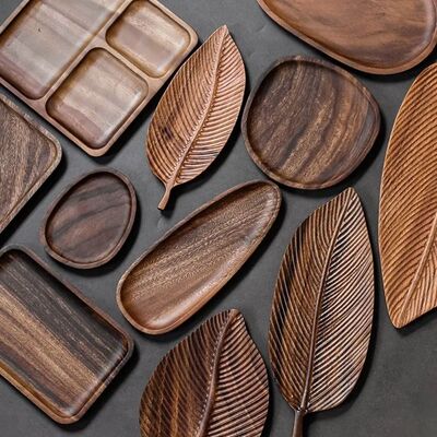 Retro Walnut Tea Tray Wooden Round Serving Platter Tray Leaf