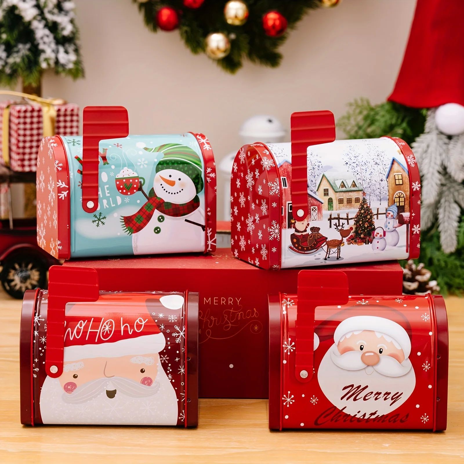 1pc Christmas Theme Gift Box Mailbox Shape Creative Tinplate