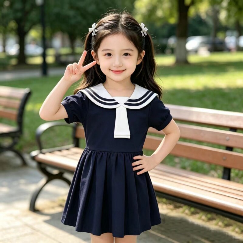 女童连衣裙夏季新款中小童韩版学院风海军领儿童洋气休闲百搭裙子