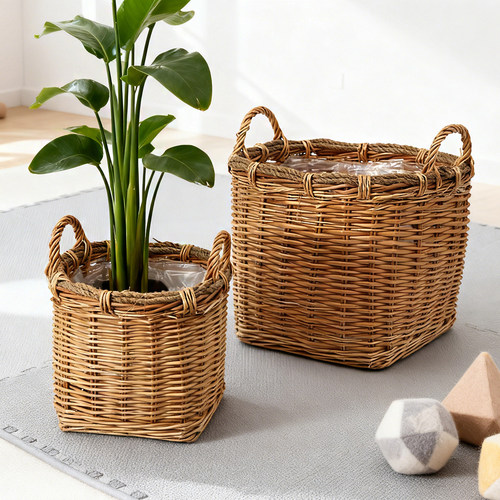 复古藤编内衬手提花篮