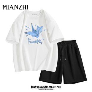 港风短袖 宽松五分裤 大码 棉致潮牌夏季 套装 男士 t恤抽绳运动裤 新款