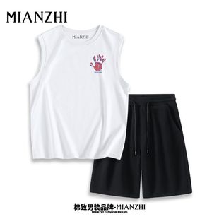 简约印花坎肩纯色五分裤 棉致男士 背心抽绳短裤 运动套装 潮牌 夏装