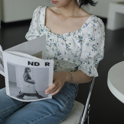 高腰法式复古短袖亚麻碎花小衫