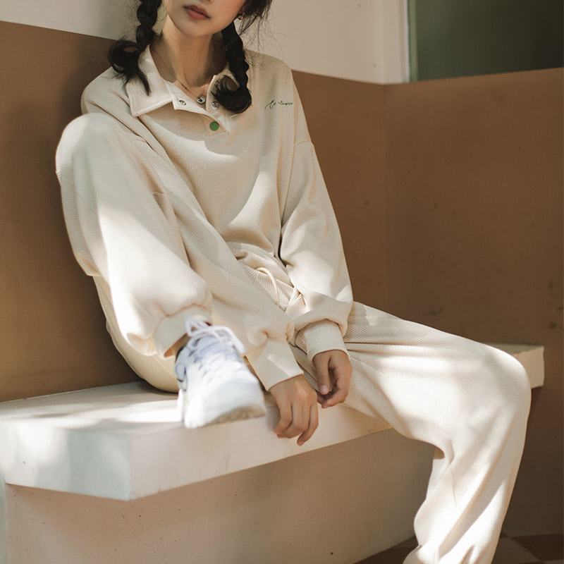 polo领卫衣套装宽松华夫格