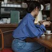 复古纯棉长袖 春秋宽松廓型蓝白撞色条纹衬衫 小众法式 衬衣上衣女