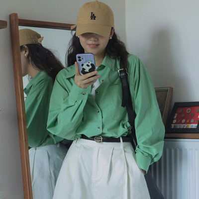 宽松韩系单排扣长袖纯棉衬衫