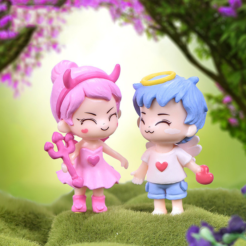 微景观塑料工艺品卡通人物公仔天使恶魔情侣桌面摆件园艺造景饰品