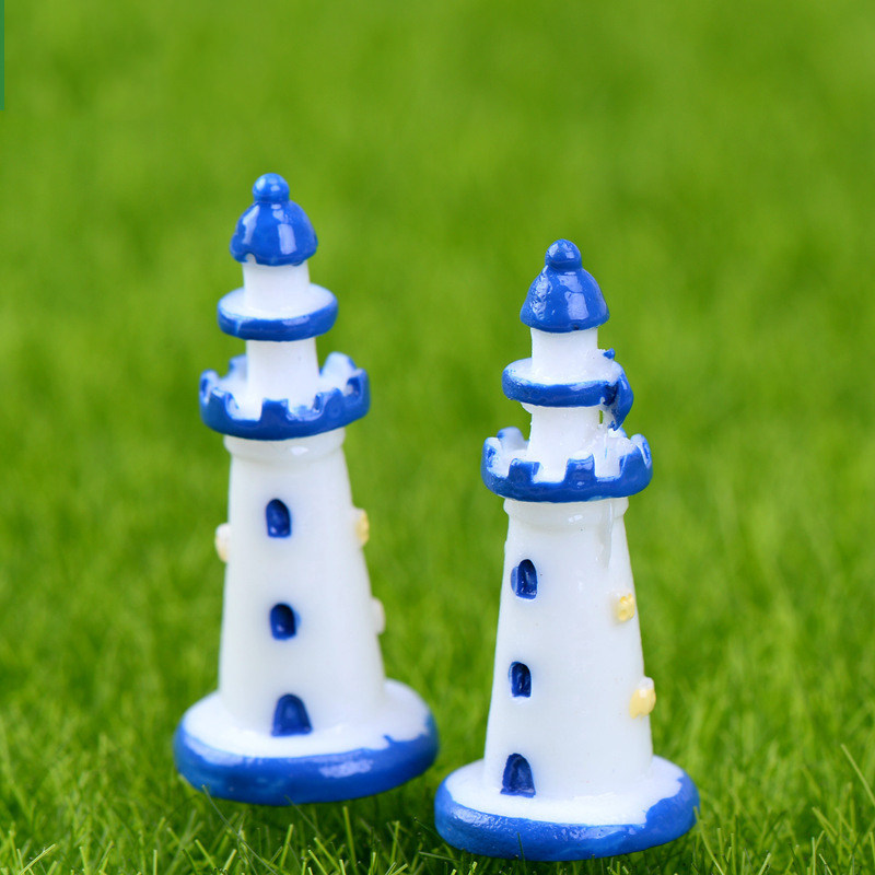 微景观简约现代树脂工艺仿品仿真建筑地中海风格白色蓝边灯塔摆件