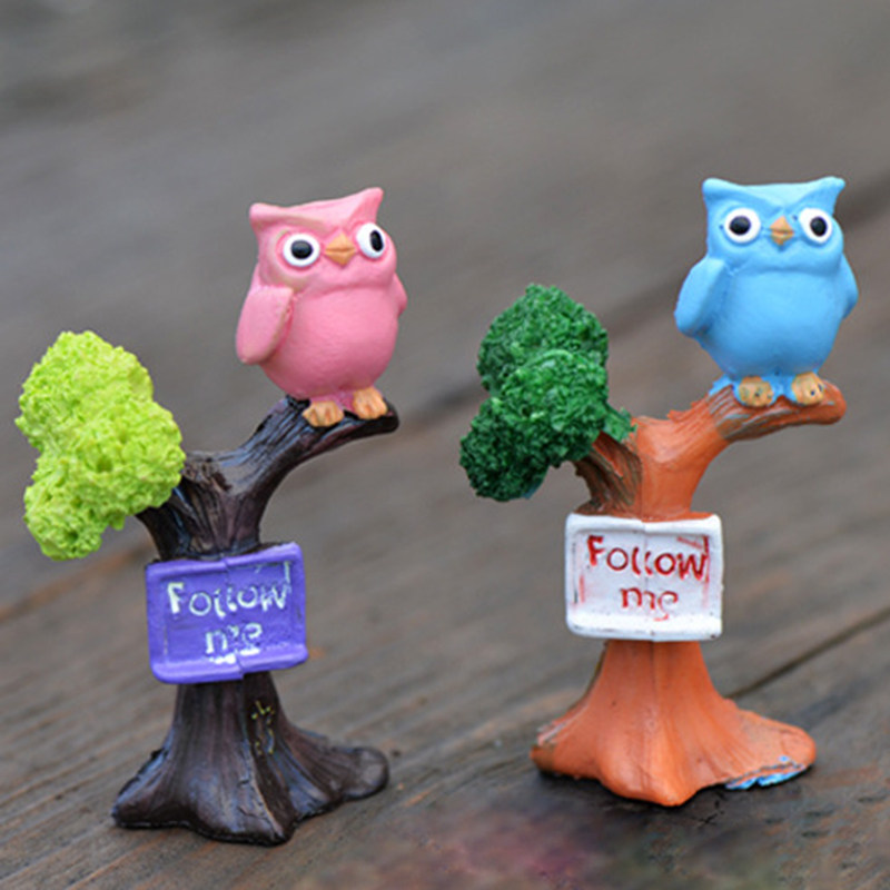 微景观创意树脂工艺品可爱卡通树枝猫头鹰造景装饰品摆件2色可选