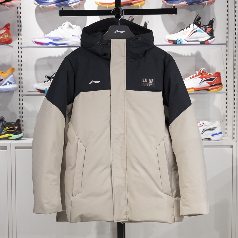 李宁保暖连帽中长款男子羽绒服