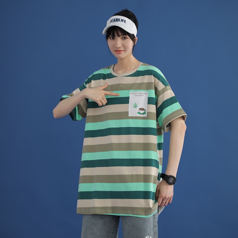 714-1-T095男装中性风新款女港风短袖棉麻夏季t恤条纹款图片