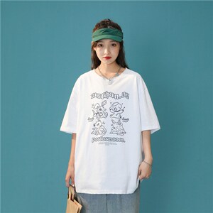 1404-2-T057-P33款印花宽松男女T恤圆领落肩学生短袖上衣潮图片
