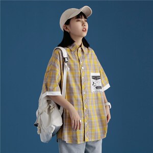 714-1-C27 新款中性风棉短袖印花男女衬衫宽松衬衣潮图片