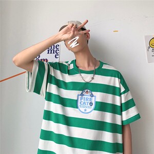 714-1-T093男女情侣装新款港风夏季条纹短袖印花T恤港潮图片