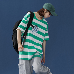 714-1-T093新款男女情侣款t恤短袖夏季条纹印花体恤是图片