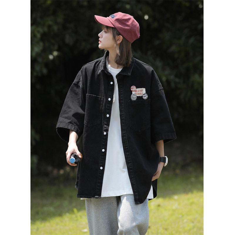 夏季新款潮流港风男女短袖舒适--宽大运动风1404-1-9128-P75,男装衬衫,星座1404-3