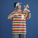 1404-1-T095-p男装新款女港风短袖棉麻夏季t恤中性风条纹，男装T恤，星座1404-3
