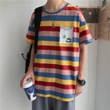 1404-1-T095-p男装新款女港风短袖棉麻夏季t恤条纹C，男装T恤，星座1404-3