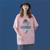 1404-2-T069-P22条纹款字母印花宽松T恤圆领落肩学生短袖衫，女装T恤，星座1404-3