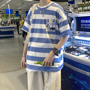 714-1-T097男女条纹款新款港风短袖纯棉夏季体恤情侣上衣圆领图片