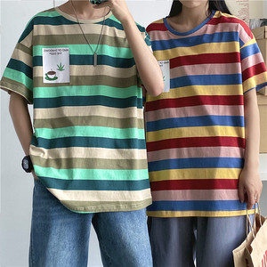 714-3-T095男装新款女港风情侣t恤夏季条纹体恤情侣h
