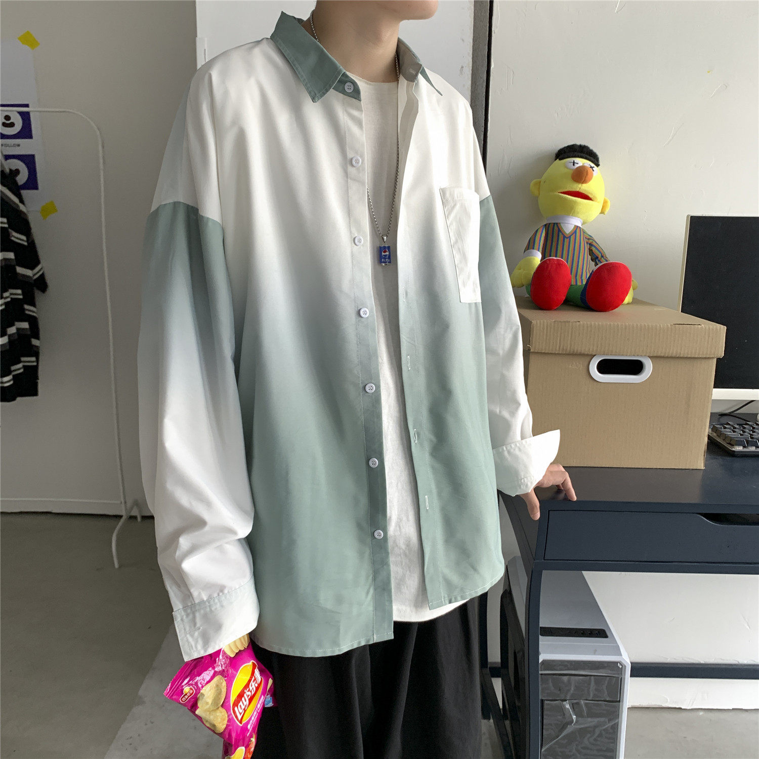 714-1-c26男长袖韩版潮流帅气休闲港风chic上衣扎染衬衫1d发图片
