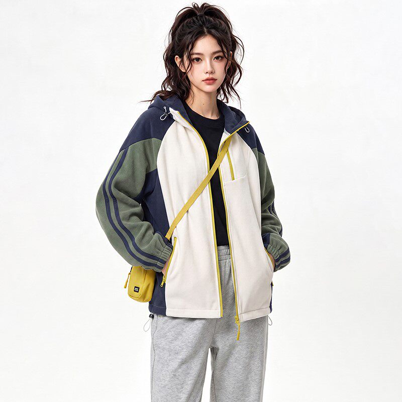 秋冬男女同款卫衣宽松连帽开衫撞色条纹多色块时尚外套66300-P77