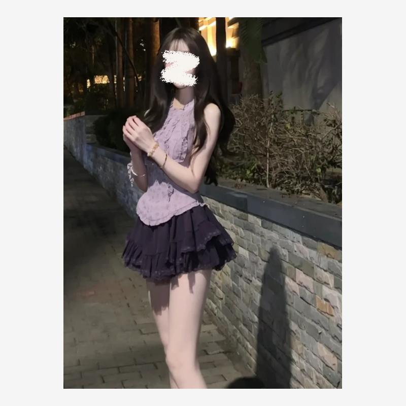 温柔辣妹风熏衣草紫色穿搭挂脖设计木耳边无袖修身上衣短裙两件套