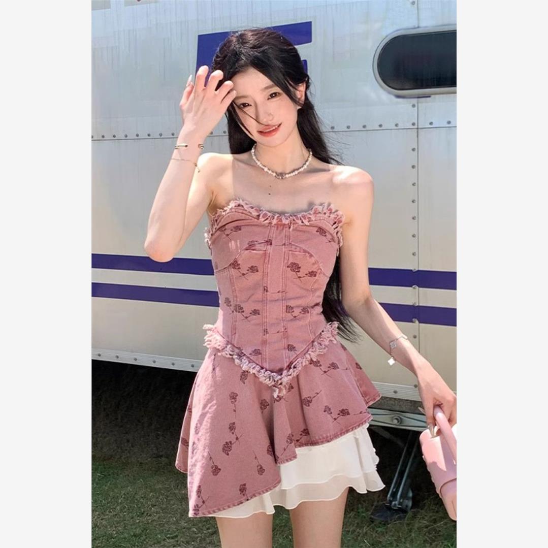 复古纯欲风辣妹抹胸套装女夏季新款牛仔背心高腰不规则设计纱裙子