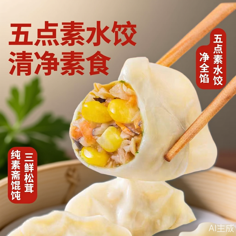 五点素水饺清净素食荠菜饺子纯素斋馄饨素饺子净全馅三鲜松茸饺子