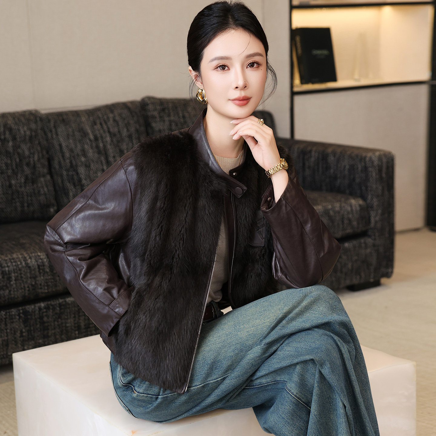 海宁真皮皮草外套女短款2026新款绵羊皮拼水貂皮草休闲羽绒服外套