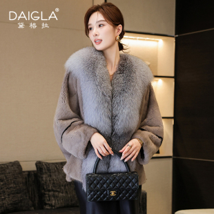 宽松蝙蝠袖 进口整貂天鹅绒水貂皮草外套 狐狸毛领貂皮大衣中长款