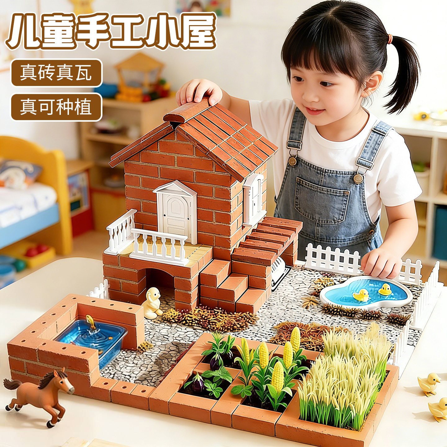 泥瓦匠儿童手工diy小屋盖房子砌墙小屋建筑模型拼装益智早教玩具