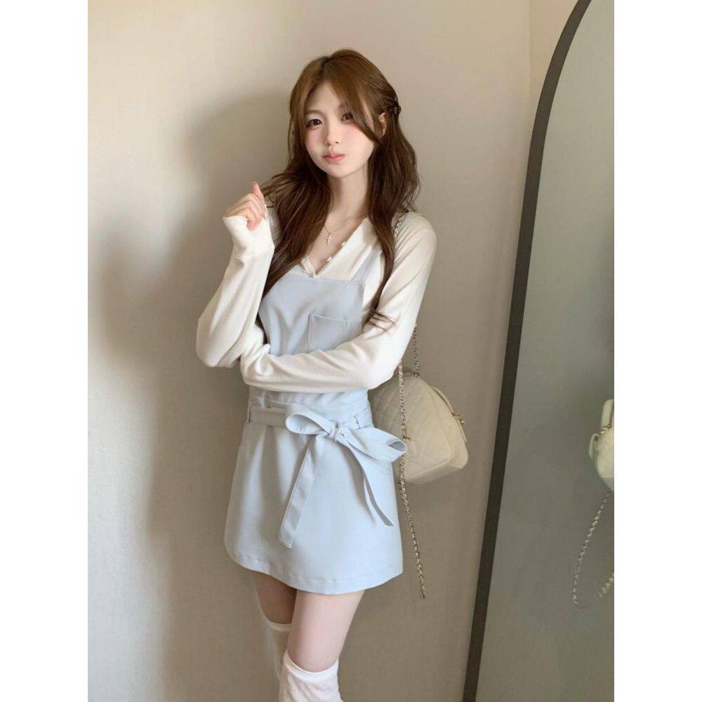 【雾蓝柔绾】韩系温柔减龄两件套甜美内搭蝴蝶结背带裙套装女
