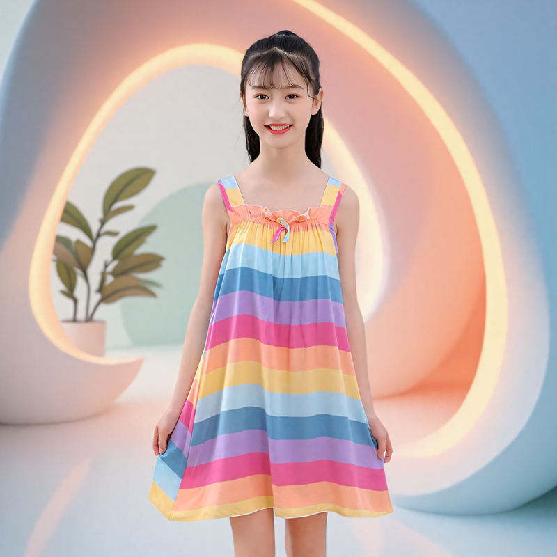 2025新款女童睡裙棉绸夏季薄款儿童冰丝吊带睡衣夏装公主裙家居裙