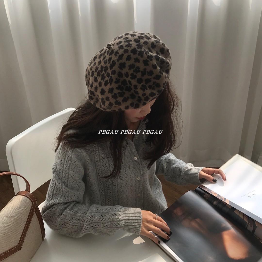 秋冬小众豹纹法式复古羊毛贝雷帽