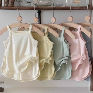 宝宝背心女童纯色吊带短裤套装透气柔软居家服中小童儿童睡衣凉快