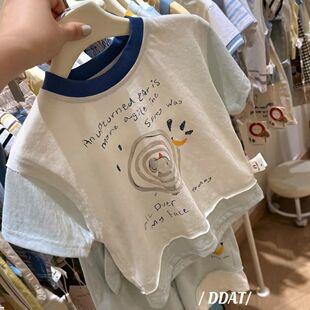 儿童新款卡通宝宝假两件上衣夏季男童短袖拼接拼色纯棉薄款短袖t