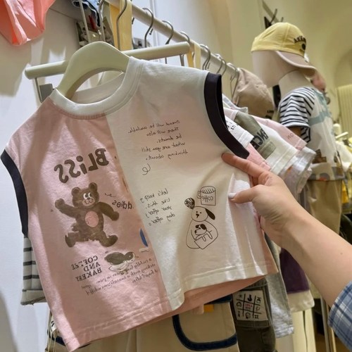 儿童卡通拼色洋气背心纯棉薄款无袖t恤男女童宝宝个性圆领上衣韩