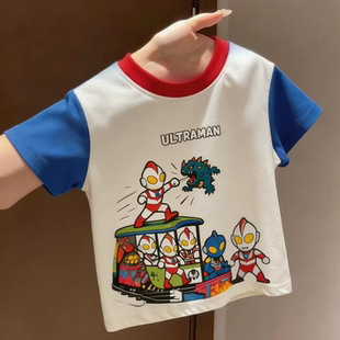 上衣 拼色T恤男童帅气中小童宝宝新款 纯棉夏季 儿童卡通奥特曼短袖
