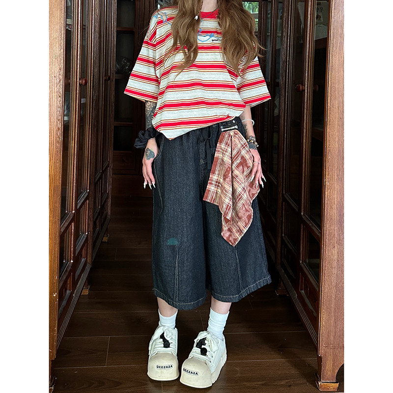 Sixminu 美式复古街头嘻哈牛仔裤女方巾格子七分裤女情侣宽松裤子,女装/女士精品,牛仔裤,淘宝优惠券,粉丝福利购,淘宝优惠卷