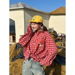 宽松复古长袖 外套女春季 衬衣女潮 趣味多巴胺红色格子衬衫 SIXMINU