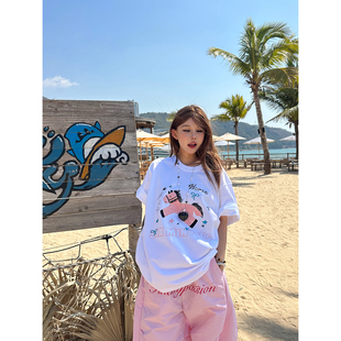 SIXMINU 女显瘦显白上衣女 趣味卡通小马t恤夏女纯棉学院风ins短袖