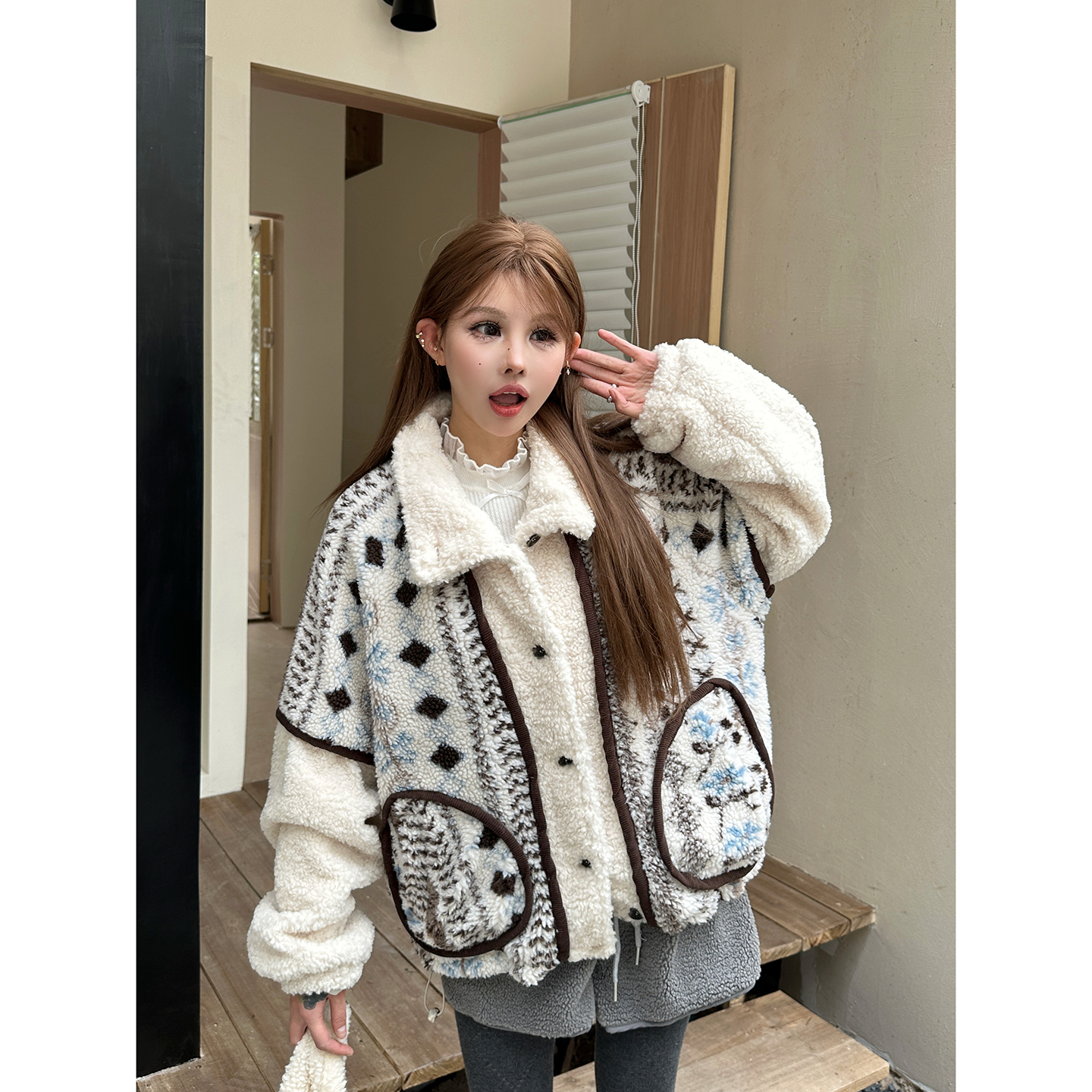 费尔岛羊羔毛棉服保暖外套女棉衣