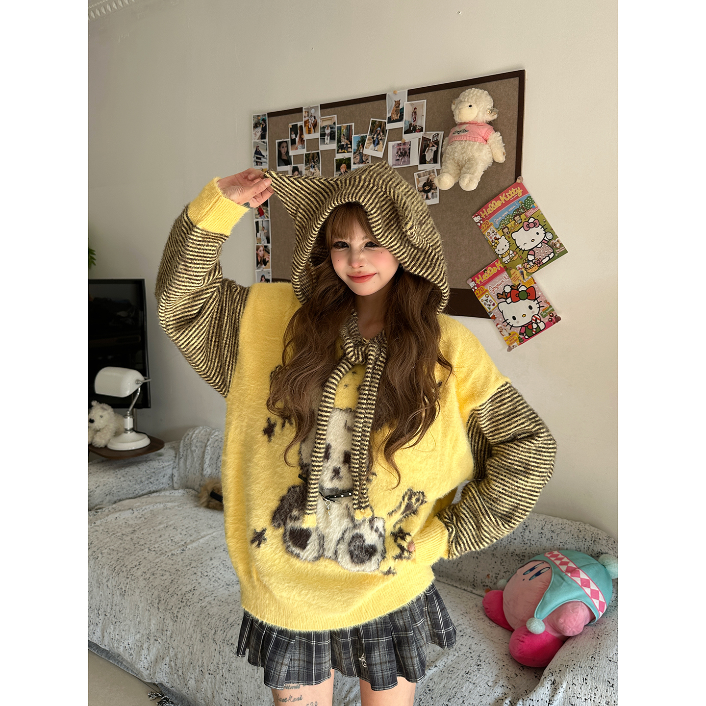 兔子假两件条纹毛衣耳朵针织衫女