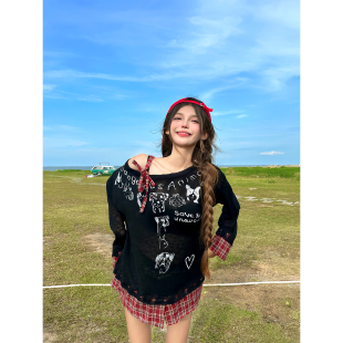 Sixminu 女宽松透气绑带假两件t恤百搭上衣t 美式 甜美微透斜肩罩衫