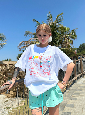 SIXMINU 趣味手绘涂鸦印花短袖T恤女夏宽松纯棉上衣显瘦显白t恤女