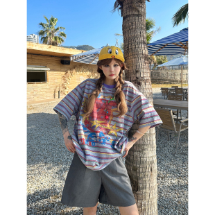 情侣t恤 上衣趣味搞怪涂鸦短袖 SIXMINU 童趣风条纹撞色彩虹T恤半袖